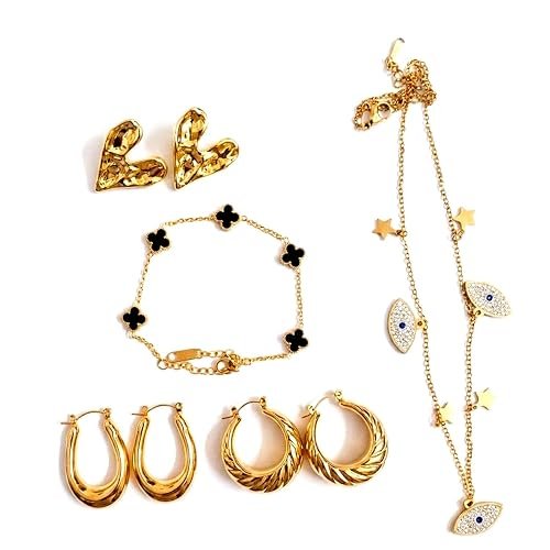 5-Piece Aesthetic Jewellery Combo for Women - Crystal Evil Eye Charm Necklace, Classic Black Clover Bracelet, Textured Gold Heart Studs, and Stylish Hoop Earrings Set - Daily Accessory Gift Set